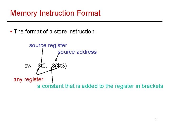 Memory Instruction Format • The format of a store instruction: source register source address