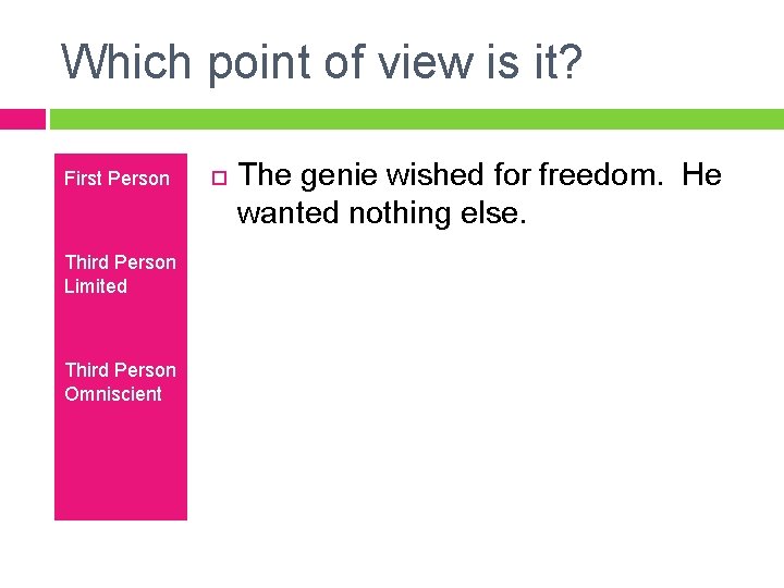 Which point of view is it? First Person Third Person Limited Third Person Omniscient Which point of view is it? First Person Third Person Limited Third Person Omniscient