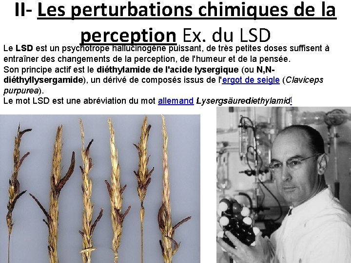 II- Les perturbations chimiques de la perception Ex. du LSD Le LSD est un II- Les perturbations chimiques de la perception Ex. du LSD Le LSD est un
