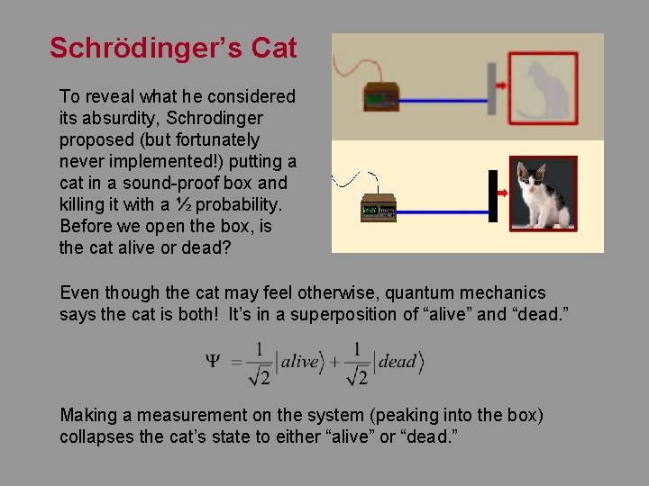 Schrödinger’s Cat To reveal what he considered its absurdity, Schrodinger proposed (but fortunately never