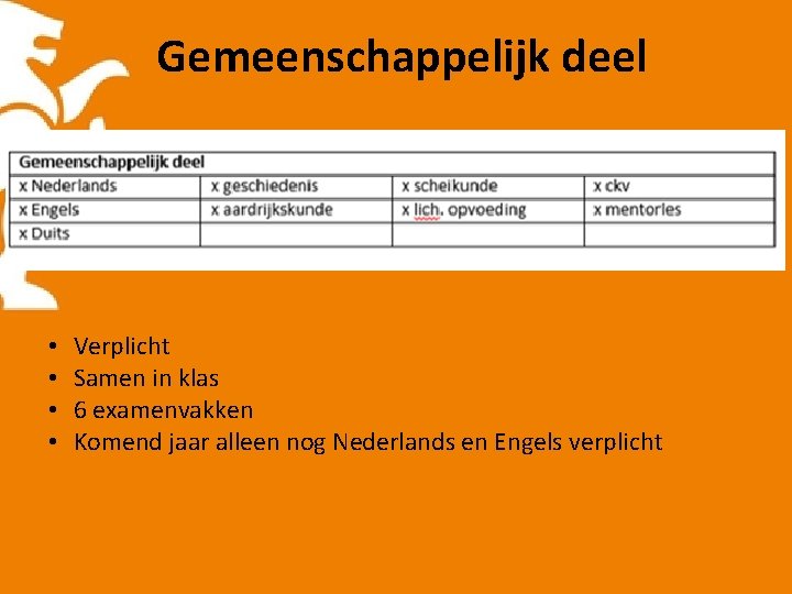 Gemeenschappelijk deel • • Verplicht Samen in klas 6 examenvakken Komend jaar alleen nog