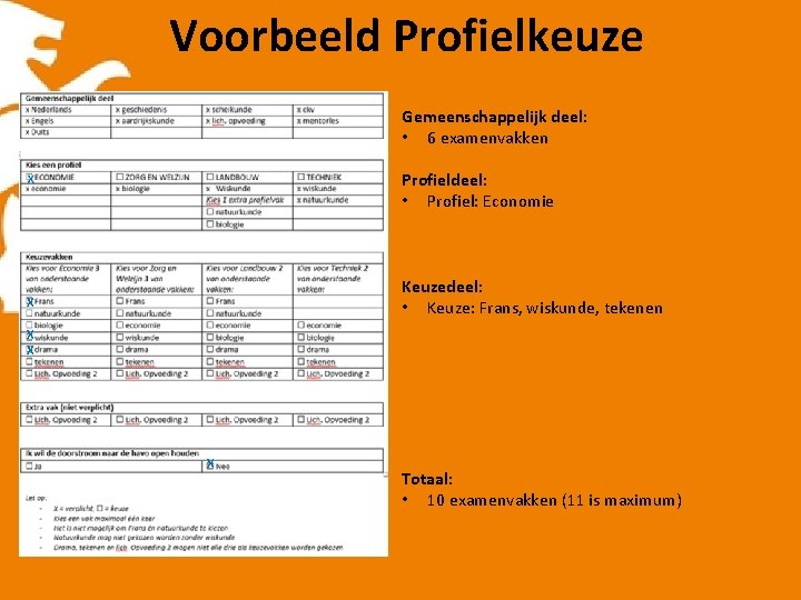 Voorbeeld Profielkeuze Gemeenschappelijk deel: • 6 examenvakken Profieldeel: • Profiel: Economie Keuzedeel: • Keuze: