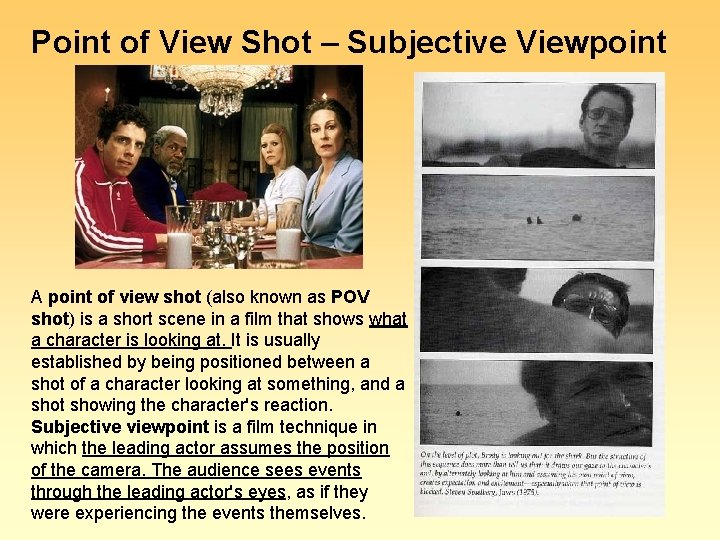 Point of View Shot – Subjective Viewpoint A point of view shot (also known