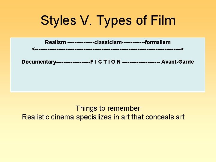 Styles V. Types of Film Realism --------classicism-------formalism <-----------------------------------------> Documentary----------F I C T I O