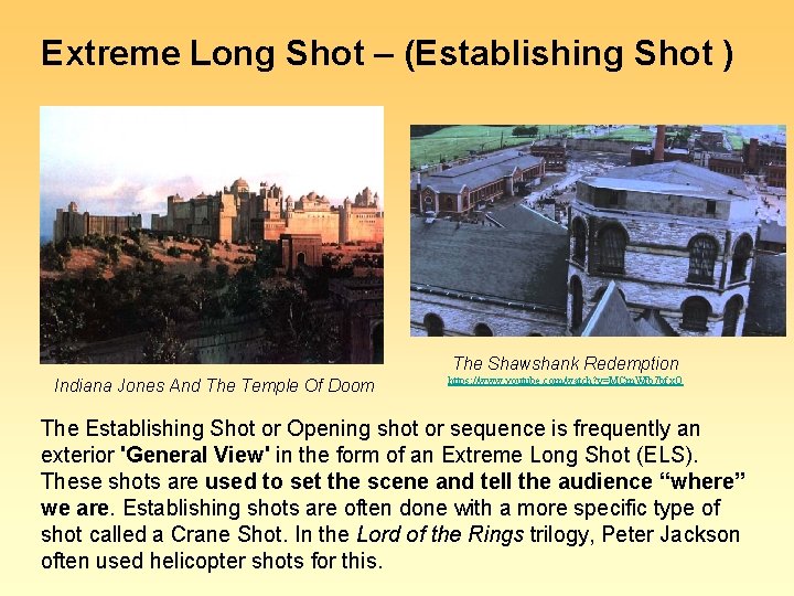 Extreme Long Shot – (Establishing Shot ) The Shawshank Redemption Indiana Jones And The