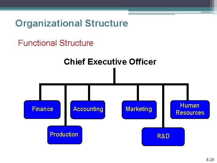 Organizational Structure Functional Structure Chief Executive Officer Finance Accounting Production Human Resources Marketing R&D