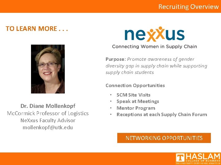 Recruiting Overview TO LEARN MORE. . . Purpose: Promote awareness of gender diversity gap