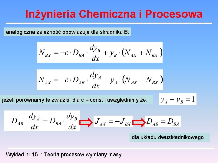 Inżynieria Chemiczna i Procesowa analogiczna zależność obowiązuje dla składnika B: jeżeli porównamy te związki