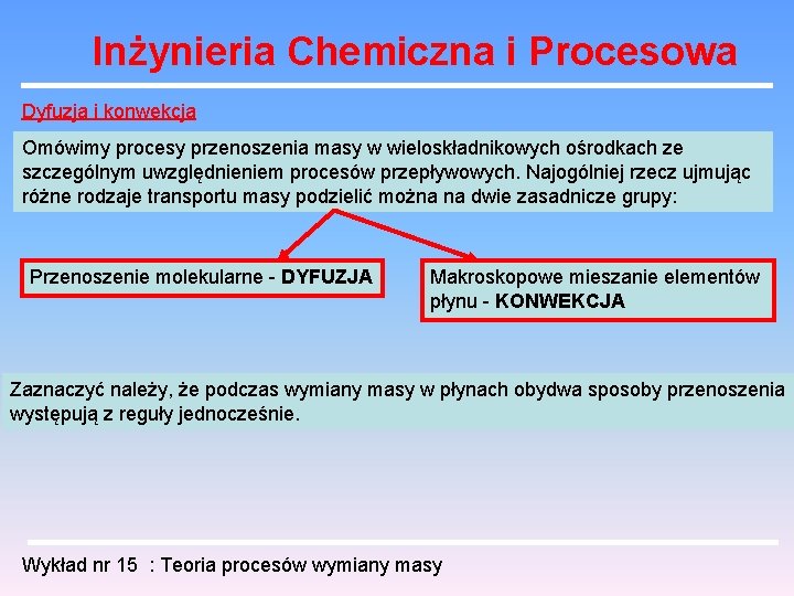 Inżynieria Chemiczna i Procesowa Dyfuzja i konwekcja Omówimy procesy przenoszenia masy w wieloskładnikowych ośrodkach