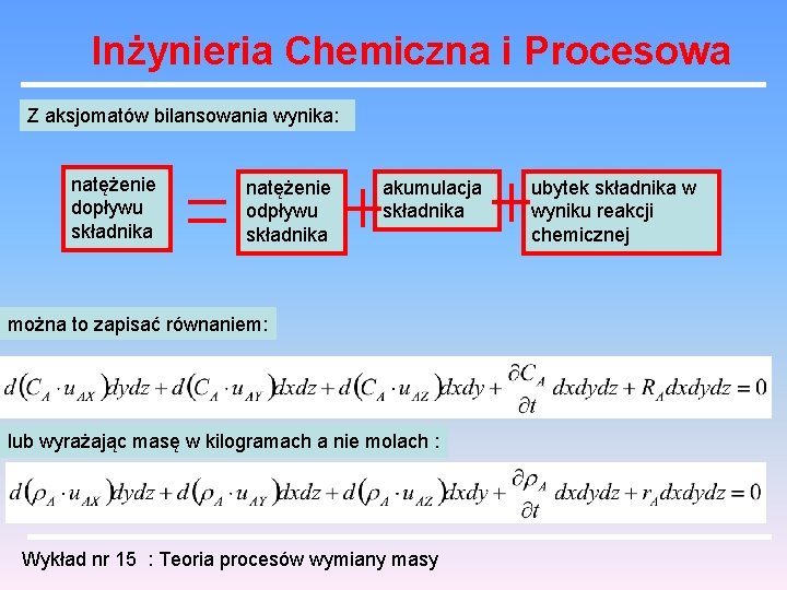 Inżynieria Chemiczna i Procesowa Z aksjomatów bilansowania wynika: natężenie dopływu składnika natężenie odpływu składnika