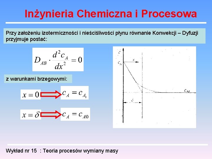 Inżynieria Chemiczna i Procesowa Przy założeniu izotermiczności i nieściśliwości płynu równanie Konwekcji – Dyfuzji