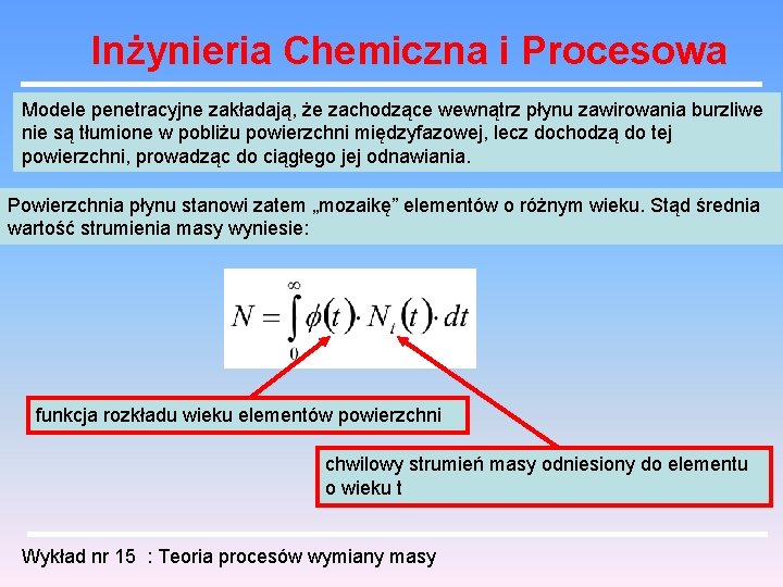 Inżynieria Chemiczna i Procesowa Modele penetracyjne zakładają, że zachodzące wewnątrz płynu zawirowania burzliwe nie