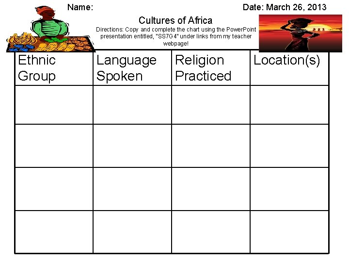 Name: Date: March 26, 2013 Cultures of Africa Directions: Copy and complete the chart