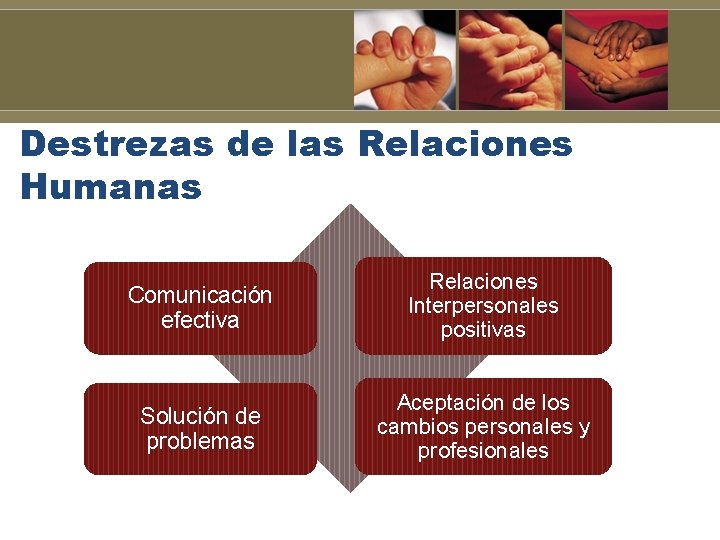 Destrezas de las Relaciones Humanas Comunicación efectiva Relaciones Interpersonales positivas Solución de problemas Aceptación