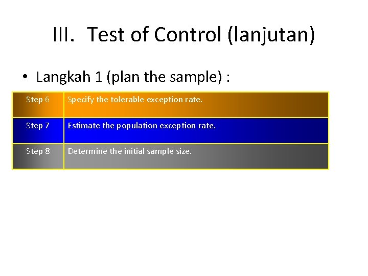 III. Test of Control (lanjutan) • Langkah 1 (plan the sample) : Step 6