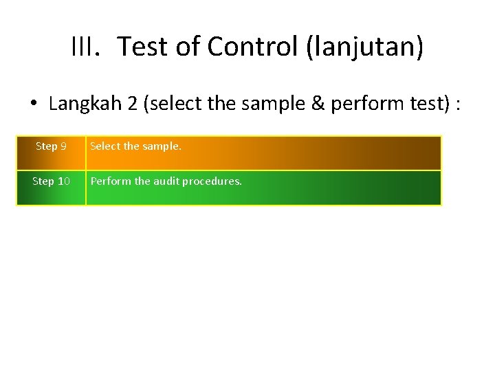 III. Test of Control (lanjutan) • Langkah 2 (select the sample & perform test)