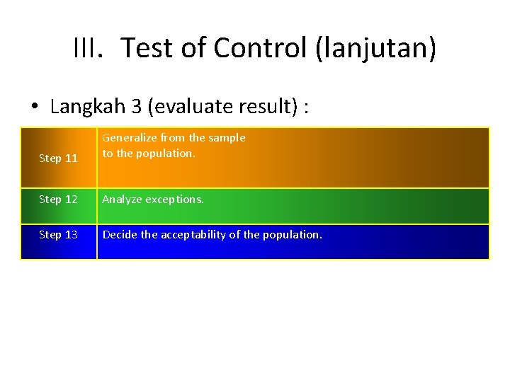 III. Test of Control (lanjutan) • Langkah 3 (evaluate result) : Step 11 Generalize
