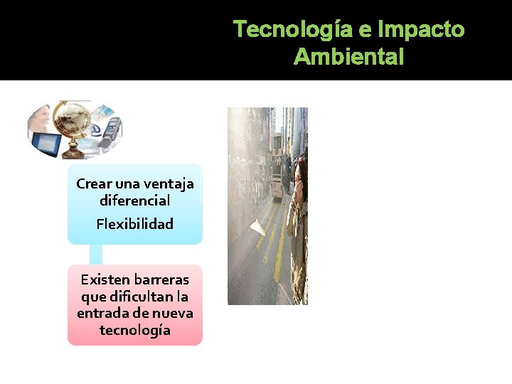 Tecnología e Impacto Ambiental Crear una ventaja diferencial Flexibilidad Existen barreras que dificultan la Tecnología e Impacto Ambiental Crear una ventaja diferencial Flexibilidad Existen barreras que dificultan la