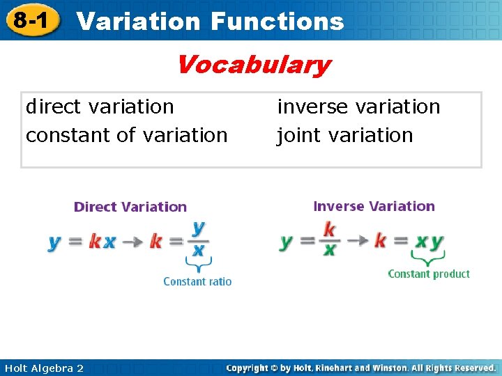 8 -1 Variation Functions Vocabulary direct variation constant of variation Holt Algebra 2 inverse