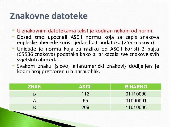 Znakovne datoteke U znakovnim datotekama tekst je kodiran nekom od normi. Dosad smo upoznali
