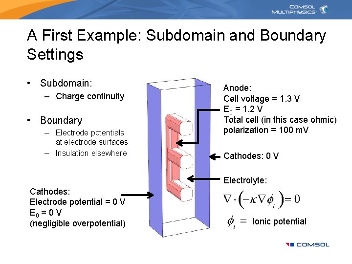 A First Example: Subdomain and Boundary Settings • Subdomain: – Charge continuity • Boundary