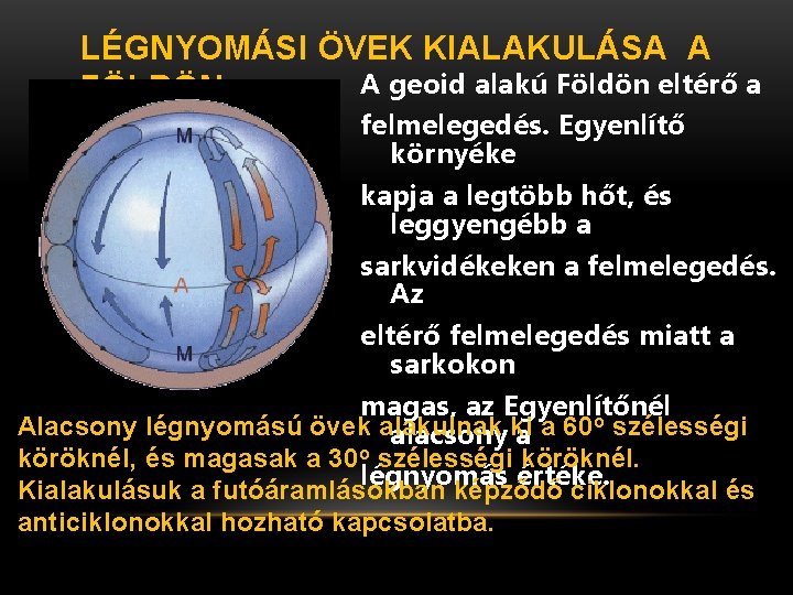 LÉGNYOMÁSI ÖVEK KIALAKULÁSA A A geoid alakú Földön eltérő a FÖLDÖN felmelegedés. Egyenlítő környéke