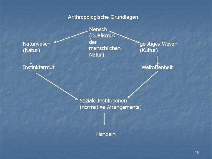 Anthropologische Grundlagen Naturwesen (Natur) Mensch (Dualismus der menschlichen Natur) Instinktarmut geistiges Wesen (Kultur) Weltoffenheit