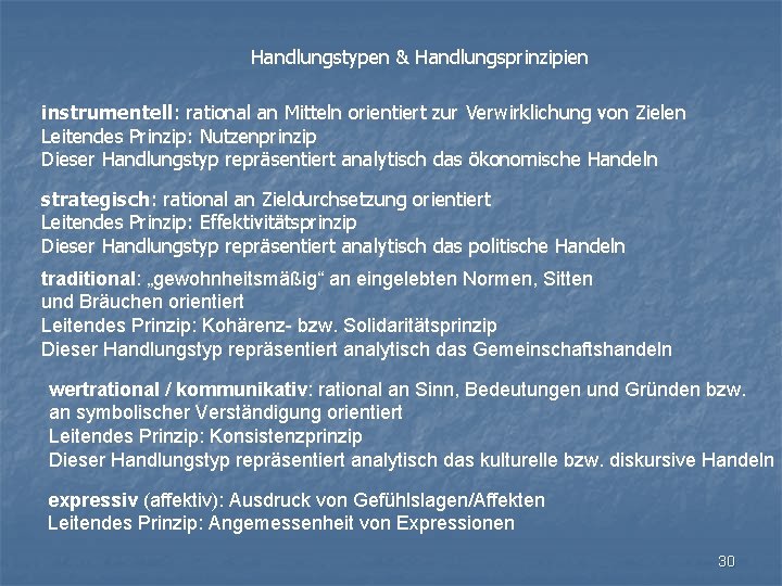 Handlungstypen & Handlungsprinzipien instrumentell: rational an Mitteln orientiert zur Verwirklichung von Zielen Leitendes Prinzip: