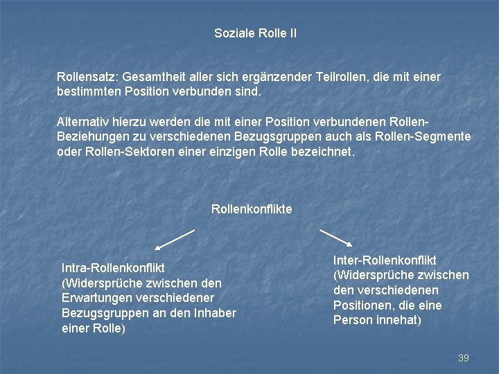 Soziale Rolle II Rollensatz: Gesamtheit aller sich ergänzender Teilrollen, die mit einer bestimmten Position