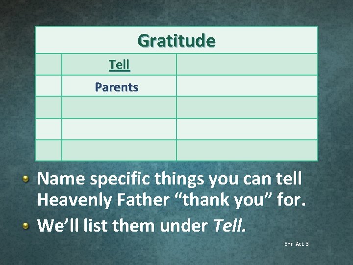 Gratitude Tell Parents Name specific things you can tell Heavenly Father “thank you” for.