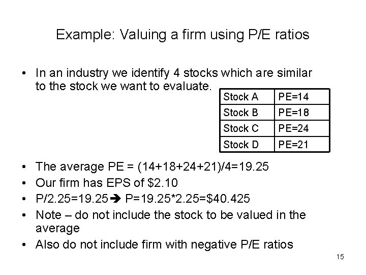 Example: Valuing a firm using P/E ratios • In an industry we identify 4