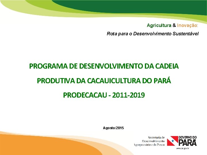 Agricultura & Inovação: Rota para o Desenvolvimento Sustentável PROGRAMA DE DESENVOLVIMENTO DA CADEIA PRODUTIVA