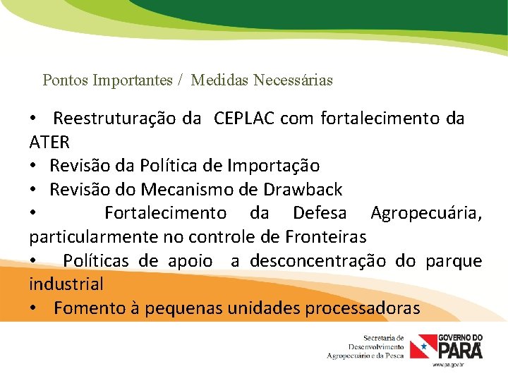 Pontos Importantes / Medidas Necessárias • Reestruturação da CEPLAC com fortalecimento da ATER •