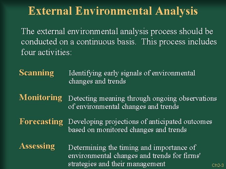 External Environmental Analysis The external environmental analysis process should be conducted on a continuous