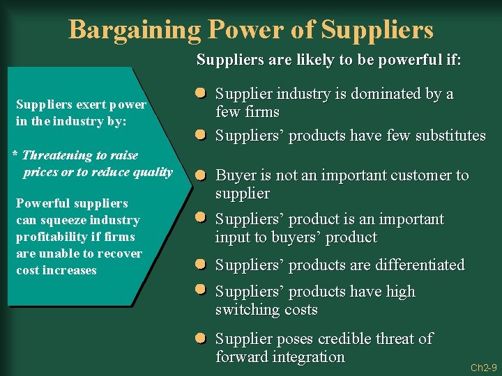Bargaining Power of Suppliers are likely to be powerful if: Suppliers exert power in