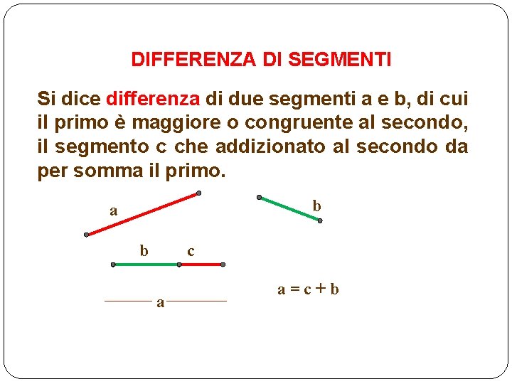 DIFFERENZA DI SEGMENTI Si dice differenza di due segmenti a e b, di cui