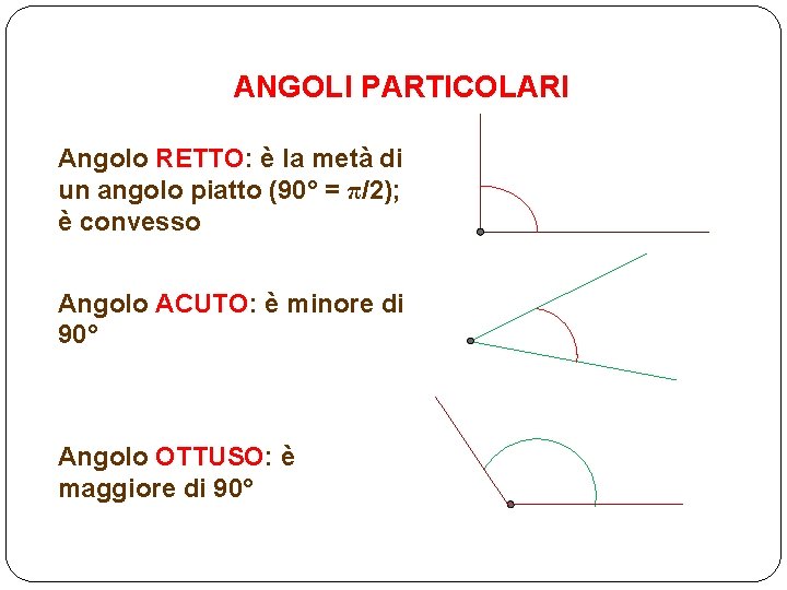 ANGOLI PARTICOLARI Angolo RETTO: è la metà di un angolo piatto (90° = π/2);