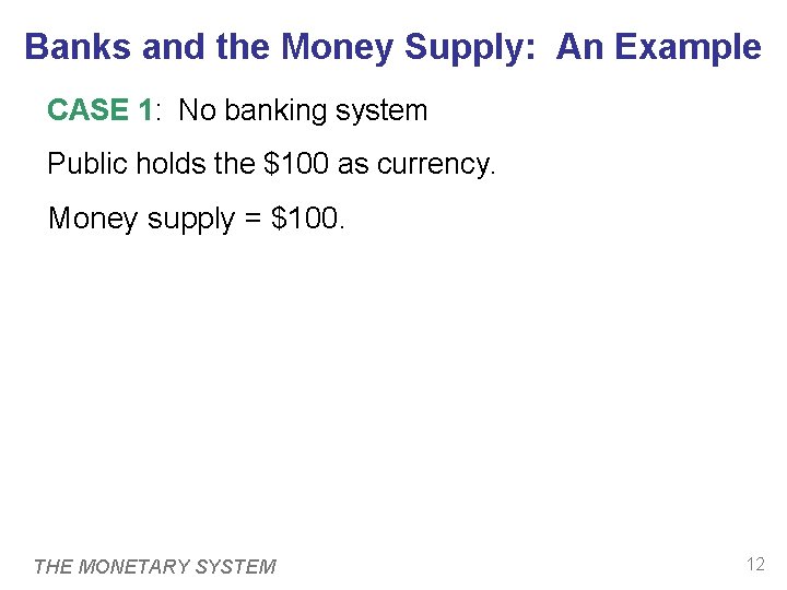 Banks and the Money Supply: An Example CASE 1: No banking system Public holds