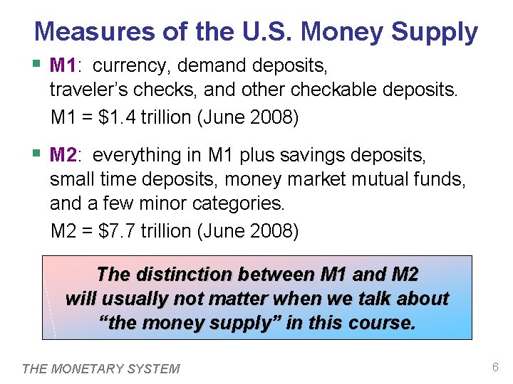 Measures of the U. S. Money Supply § M 1: currency, demand deposits, traveler’s