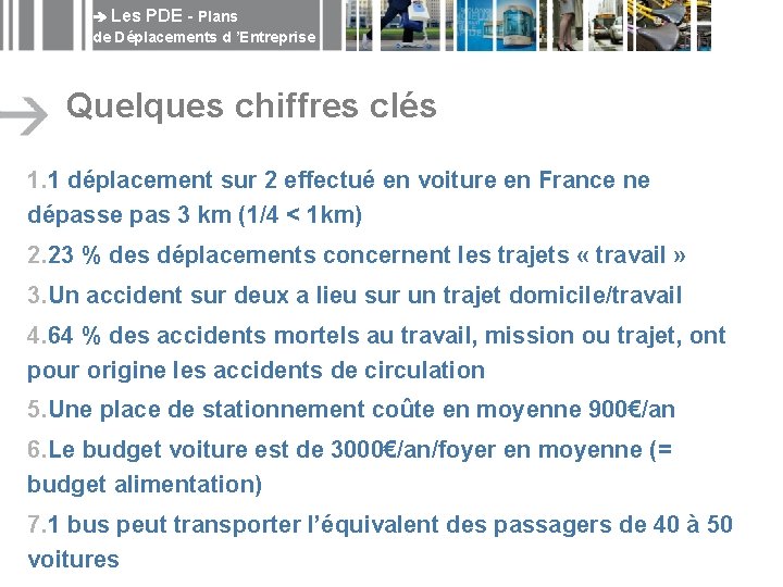  Les PDE - Plans de Déplacements d ’Entreprise Quelques chiffres clés 1. 1