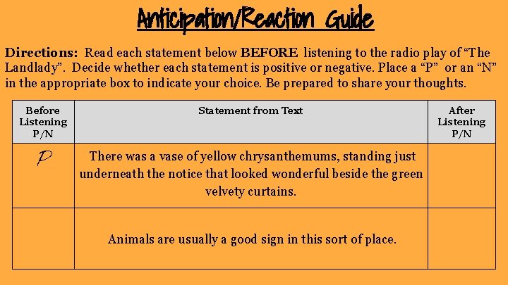 Anticipation/Reaction Guide Directions: Read each statement below BEFORE listening to the radio play of Anticipation/Reaction Guide Directions: Read each statement below BEFORE listening to the radio play of