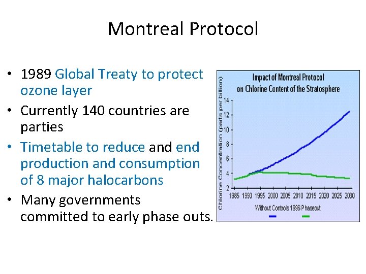 Montreal Protocol • 1989 Global Treaty to protect ozone layer • Currently 140 countries