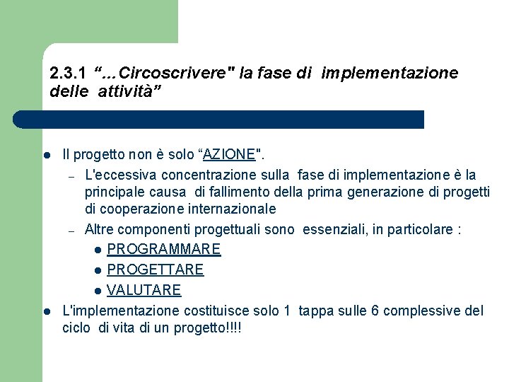 2. 3. 1 “…Circoscrivere" la fase di implementazione delle attività” l l Il progetto
