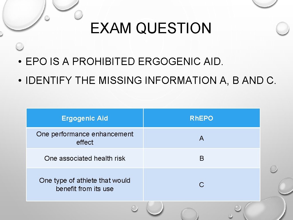 EXAM QUESTION • EPO IS A PROHIBITED ERGOGENIC AID. • IDENTIFY THE MISSING INFORMATION