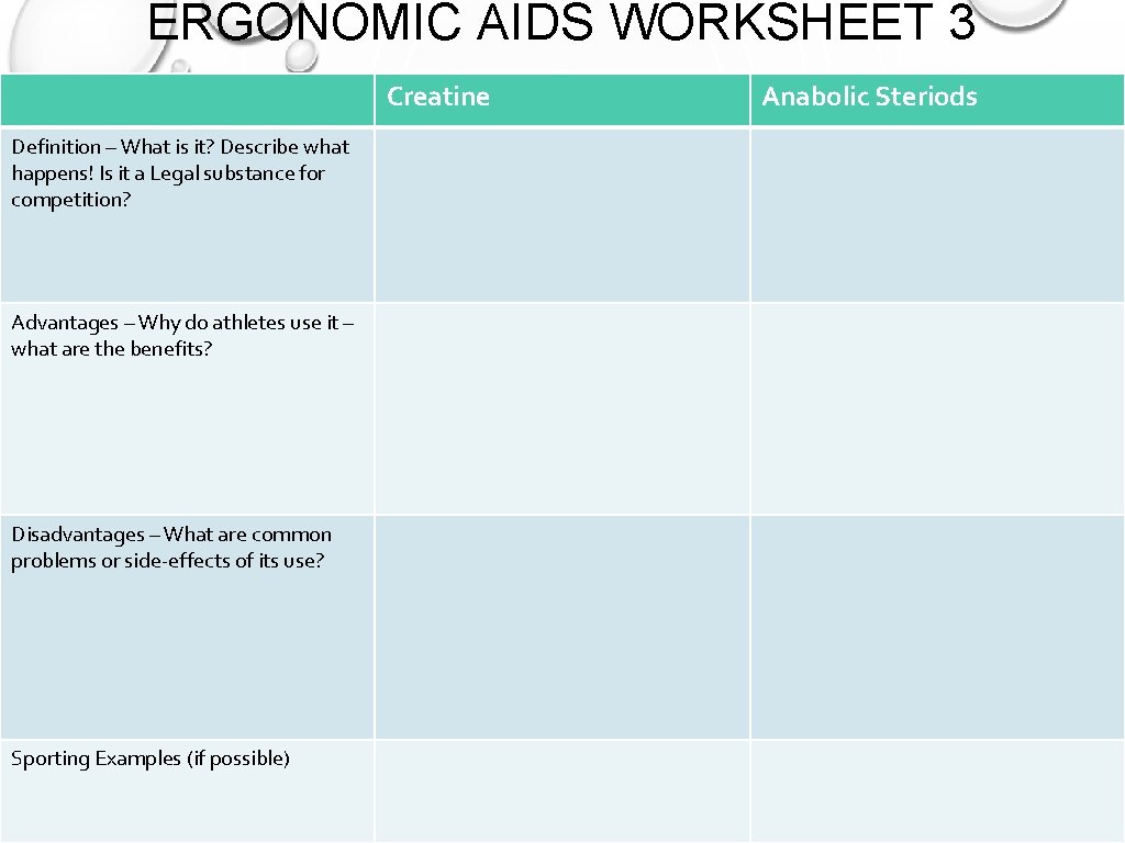 ERGONOMIC AIDS WORKSHEET 3 Creatine Definition – What is it? Describe what happens! Is
