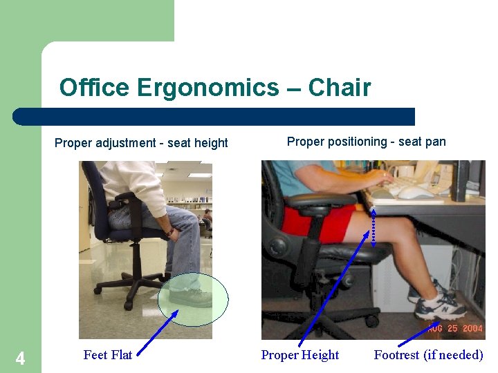 Office Ergonomics – Chair Proper adjustment - seat height 4 Feet Flat Proper positioning