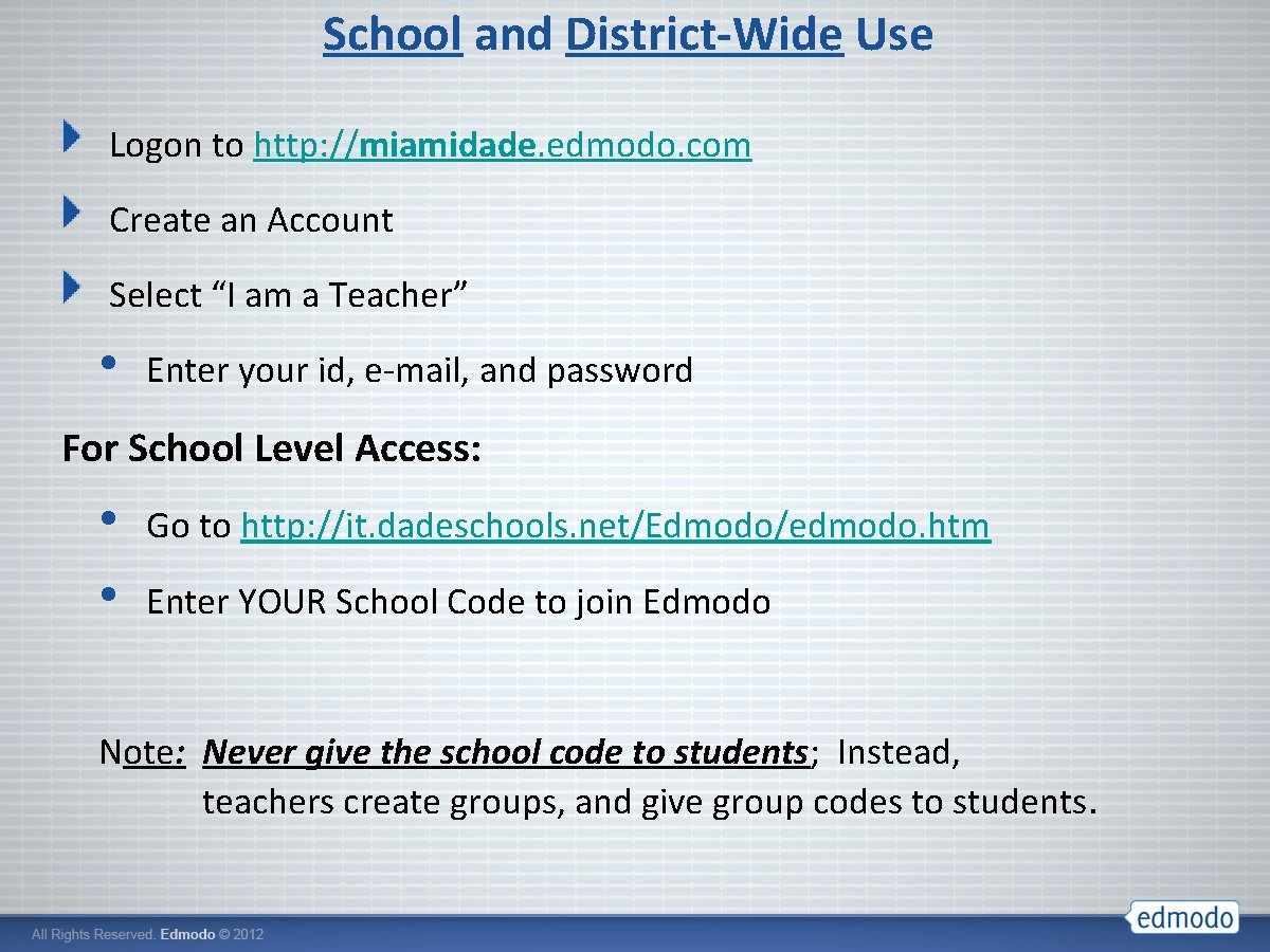 School and District-Wide Use Logon to http: //miamidade. edmodo. com Create an Account Select