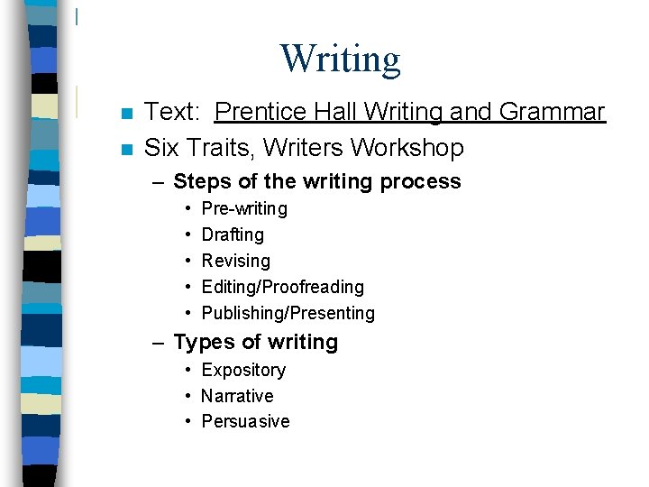 Writing n n Text: Prentice Hall Writing and Grammar Six Traits, Writers Workshop –