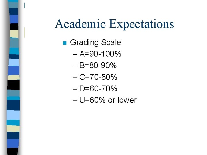 Academic Expectations n Grading Scale – A=90 -100% – B=80 -90% – C=70 -80%