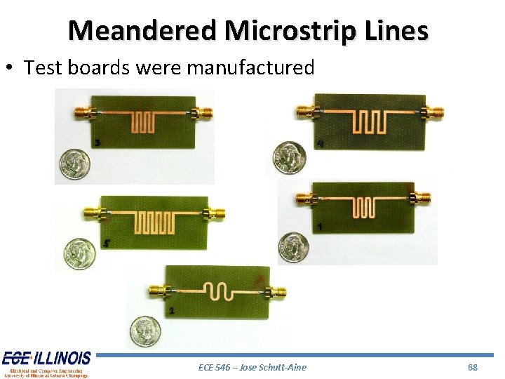 Meandered Microstrip Lines • Test boards were manufactured ECE 546 – Jose Schutt-Aine 68